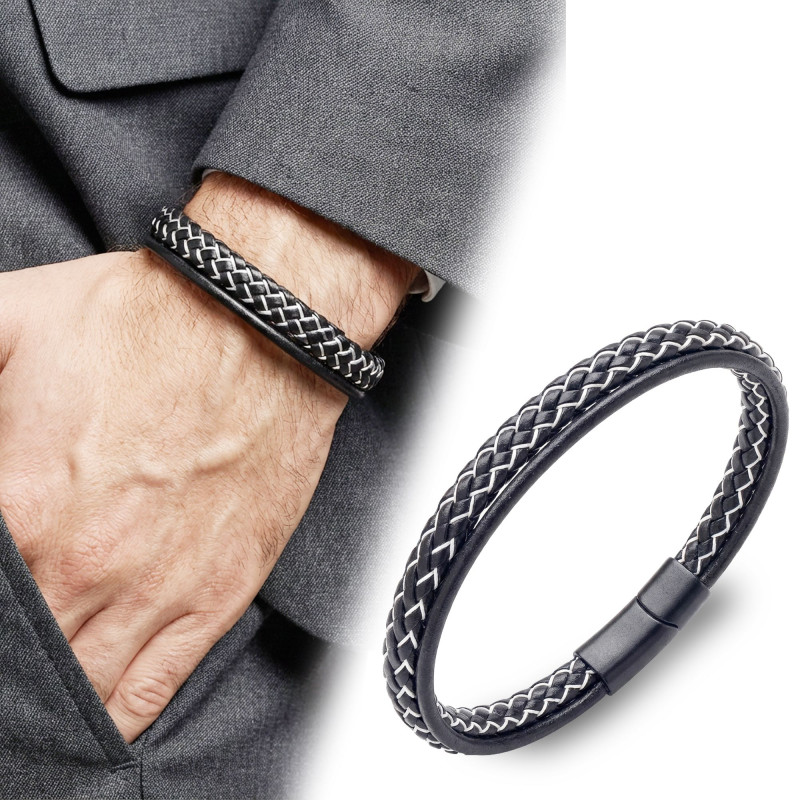 Siyah Beyaz Renk Çoklu Deri Bileklik