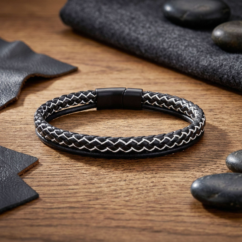 Siyah Beyaz Renk Çoklu Deri Bileklik