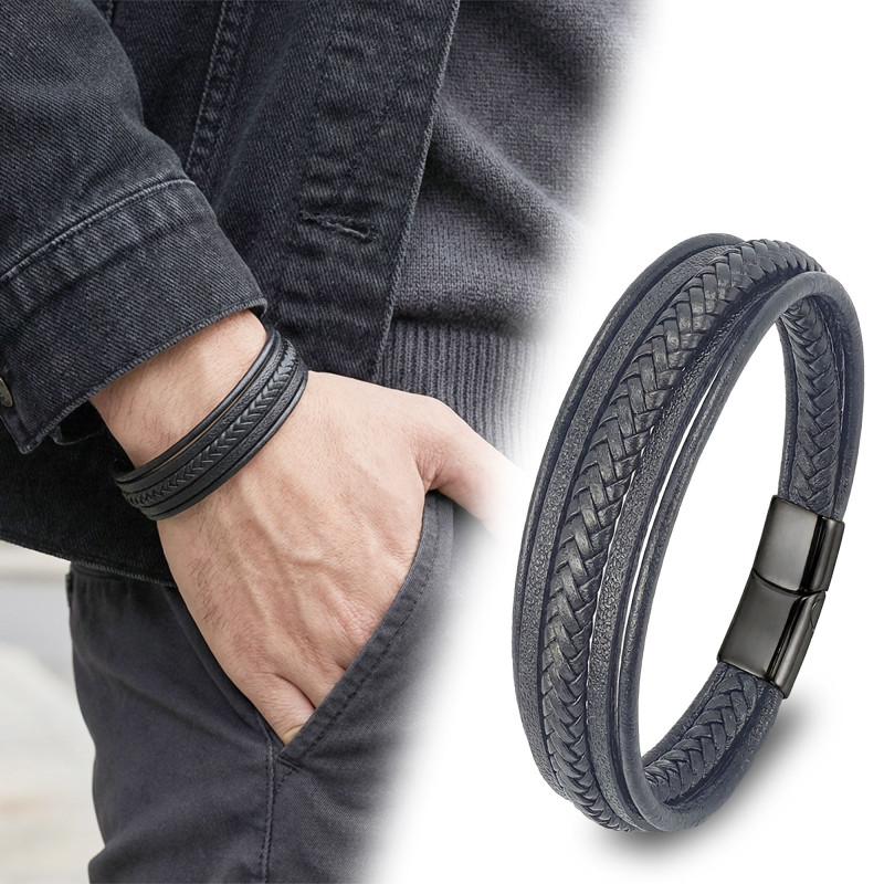 Siyah Çoklu Deri Bileklik