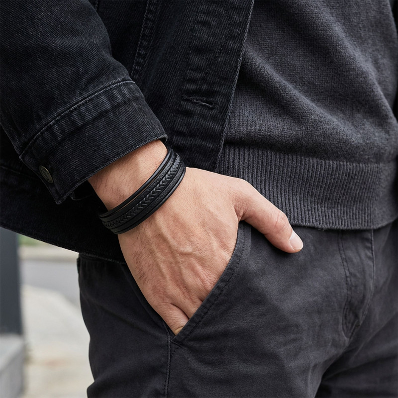 Siyah Çoklu Deri Bileklik