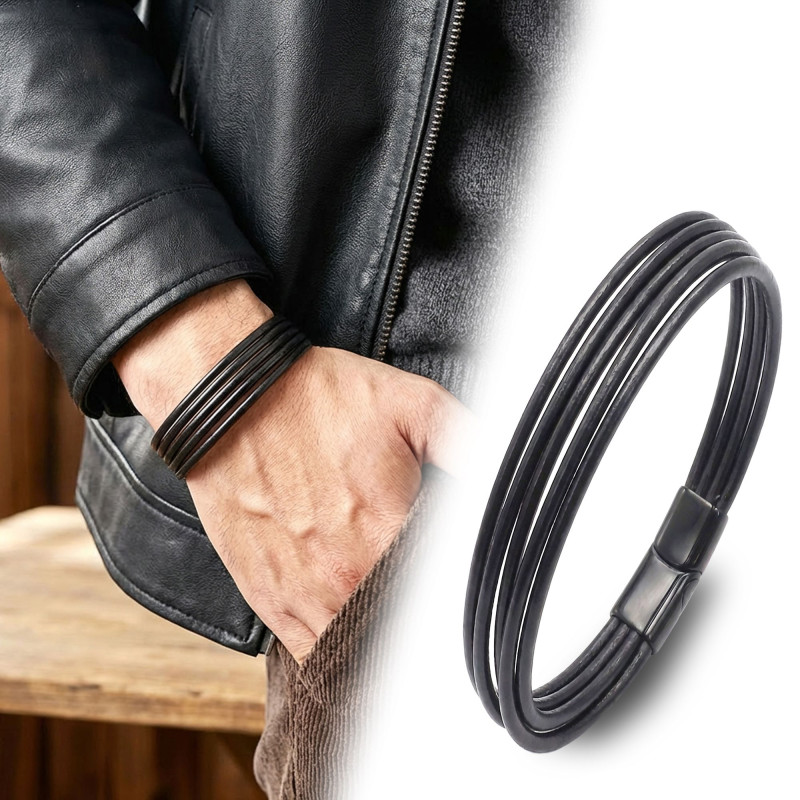 Siyah Çoklu Deri Ve Titianyum Kilitli Çelik Bileklik Siyah Çoklu Deri Ve Titianyum Kilitli Çelik Bileklik