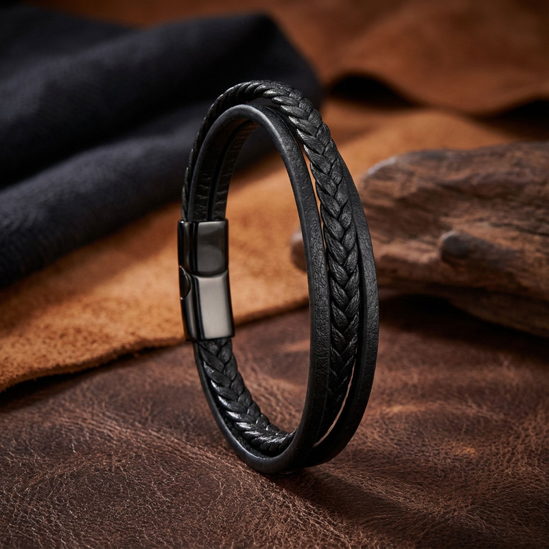 Siyah Deri Erkek Bileklik – Titanyum Çelik Manyetik Kilitli