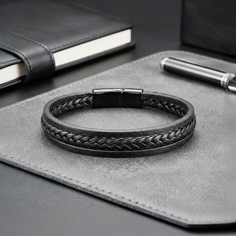 Siyah Deri Erkek Bileklik – Titanyum Çelik Manyetik Kilitli
