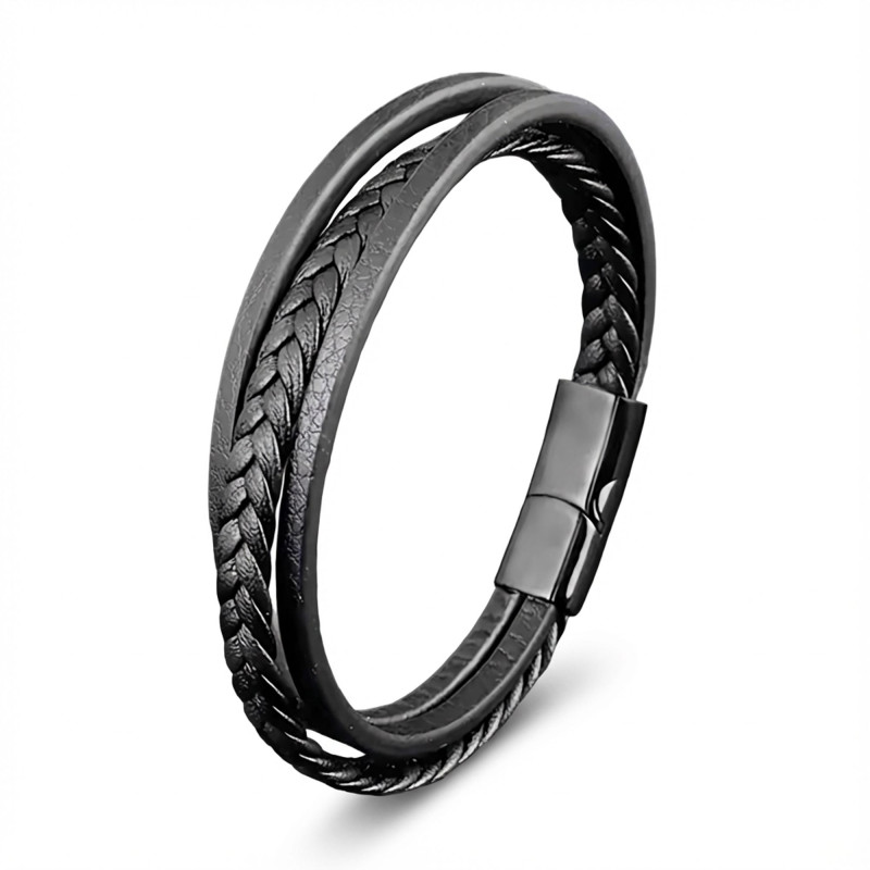 Siyah Deri Erkek Bileklik – Titanyum Çelik Manyetik Kilitli