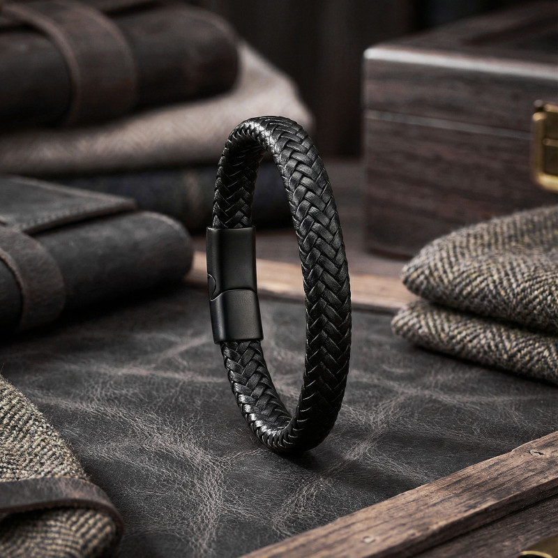 Siyah Deri Örgü Bileklik Siyah Deri Örgü Bileklik