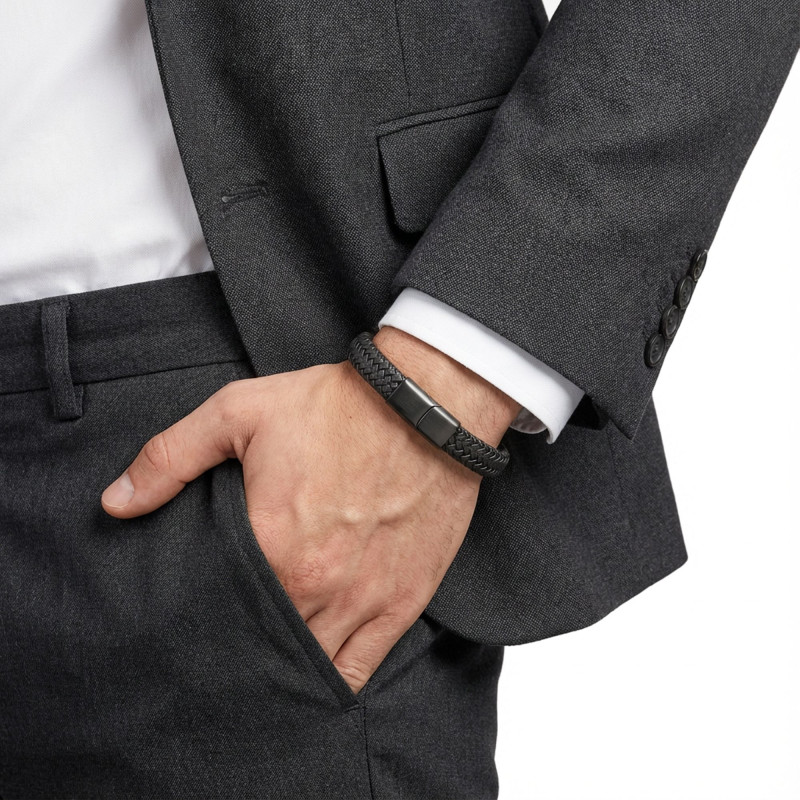 Siyah Deri Örgü Çelik Bileklik