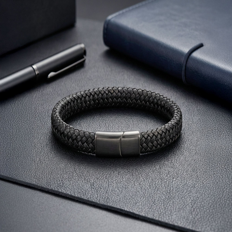 Siyah Deri Örgü Çelik Bileklik