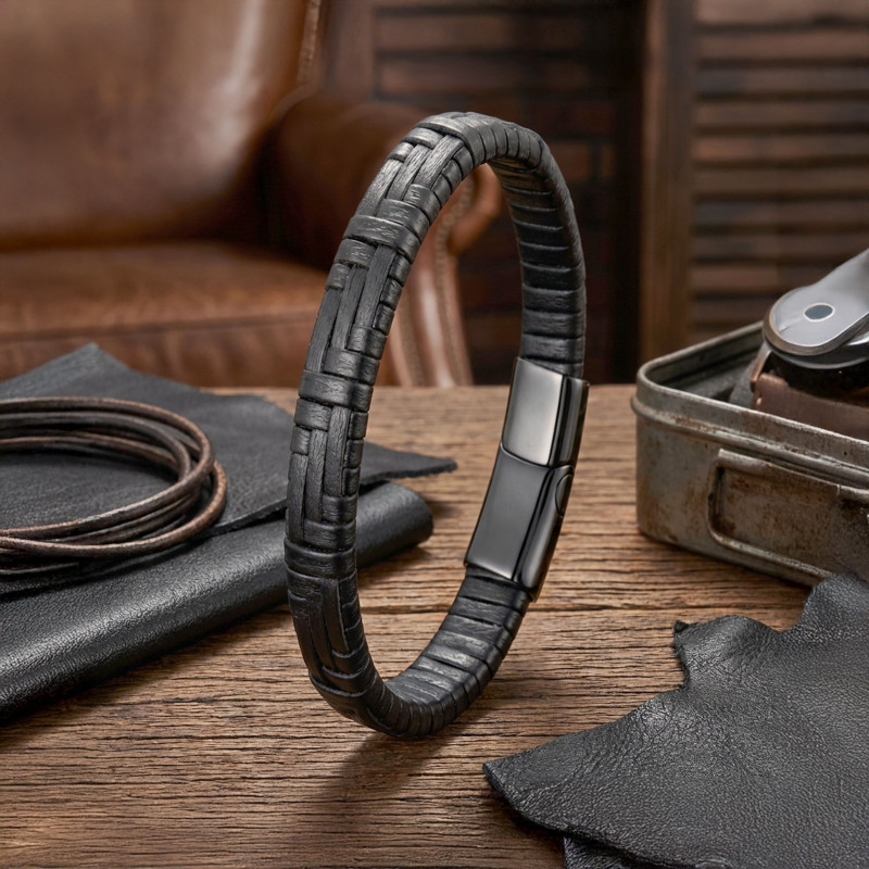 Siyah Deri Örgü Ve Çelik Bileklik