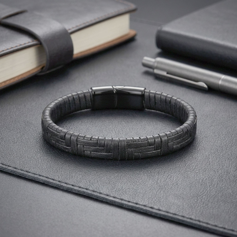 Siyah Deri Örgü Ve Çelik Bileklik