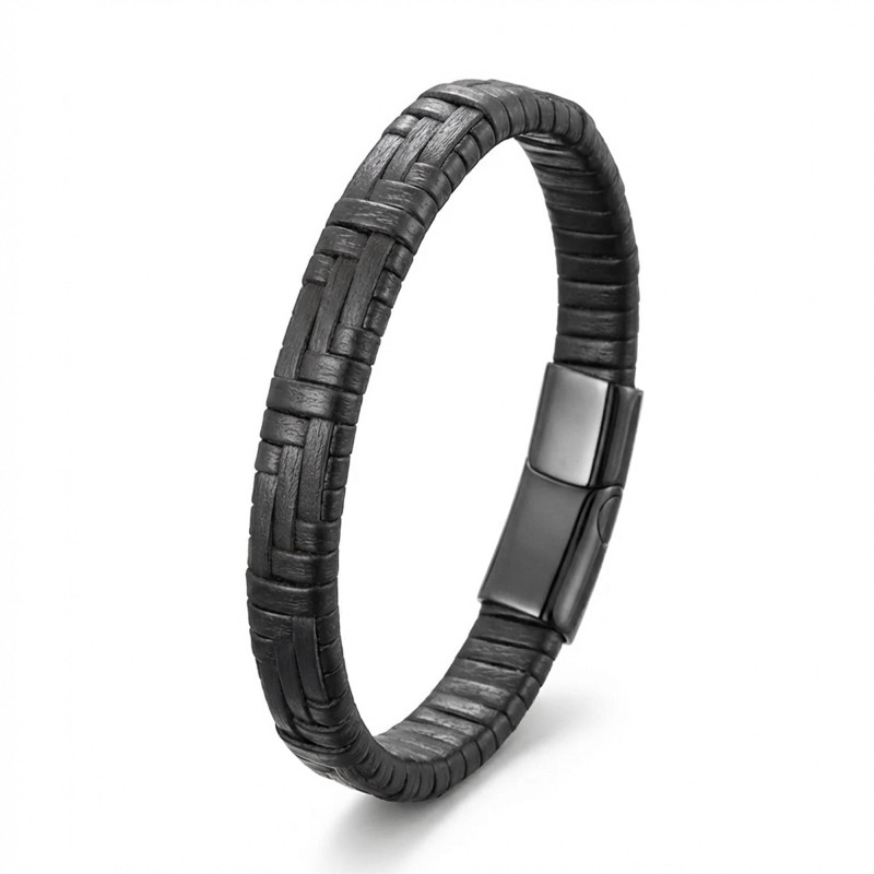 Siyah Deri Örgü Ve Çelik Bileklik