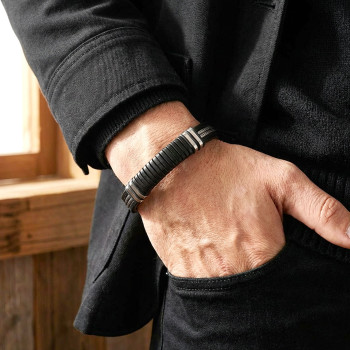 Siyah Deri ve 316L Halat Çelik Erkek Bileklik