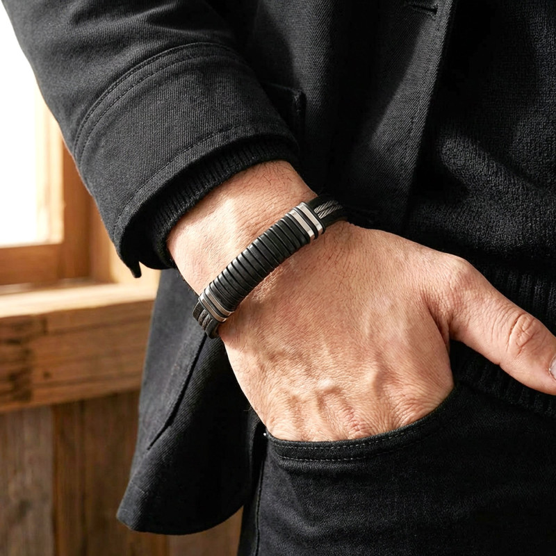 Siyah Deri ve 316L Halat Çelik Erkek Bileklik