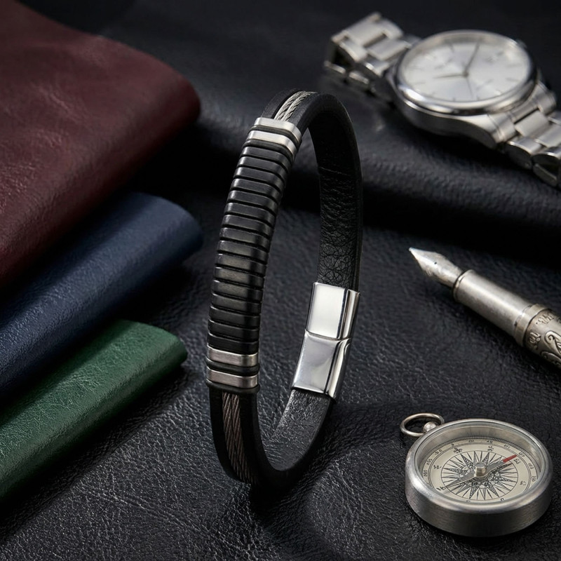 Siyah Deri ve 316L Halat Çelik Erkek Bileklik