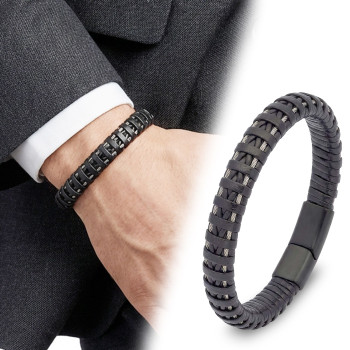 Siyah Deri Ve Çelik Erkek Bilekllik