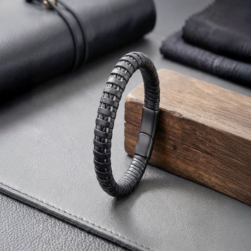 Siyah Deri Ve Çelik Erkek Bilekllik