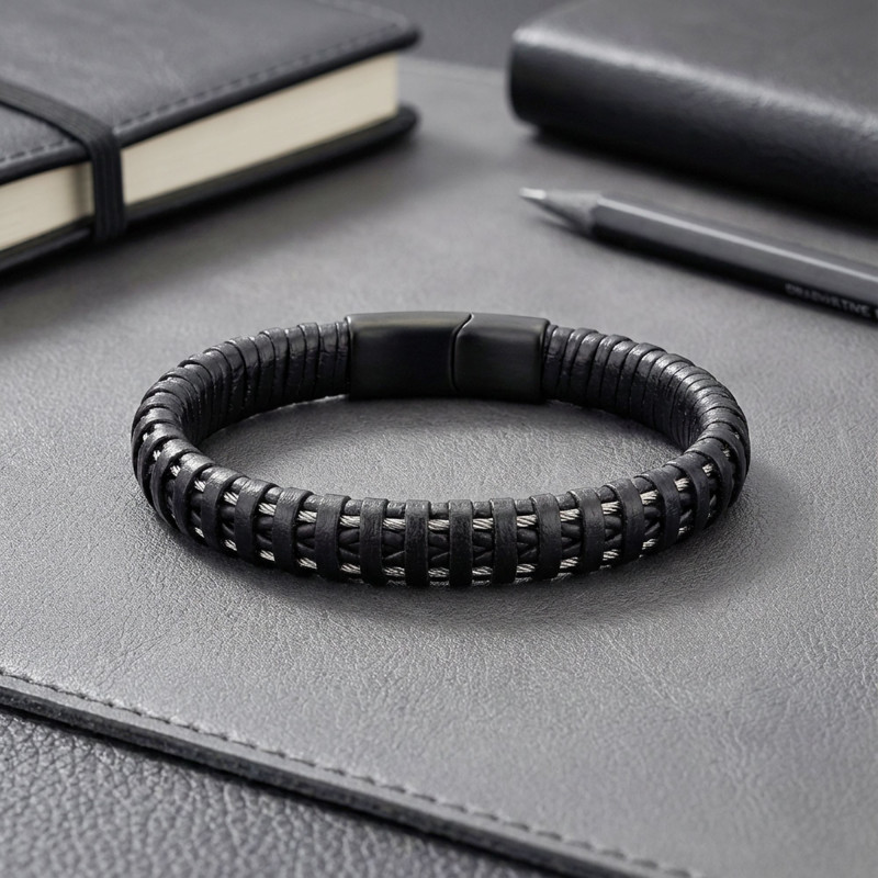 Siyah Deri Ve Çelik Erkek Bilekllik