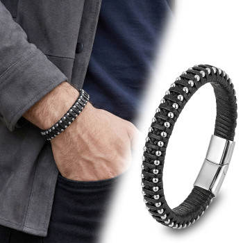 Siyah Deri Ve Damla Çelik Zincirli Bileklik