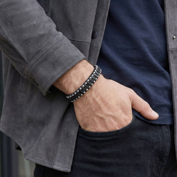 Siyah Deri Ve Damla Çelik Zincirli Bileklik