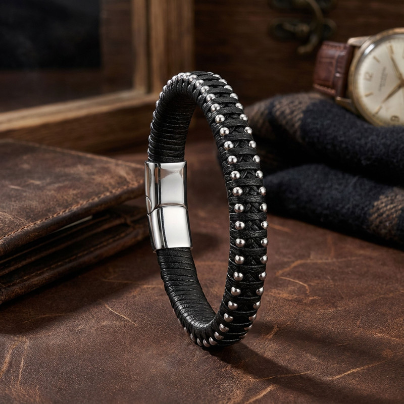 Siyah Deri Ve Damla Çelik Zincirli Bileklik