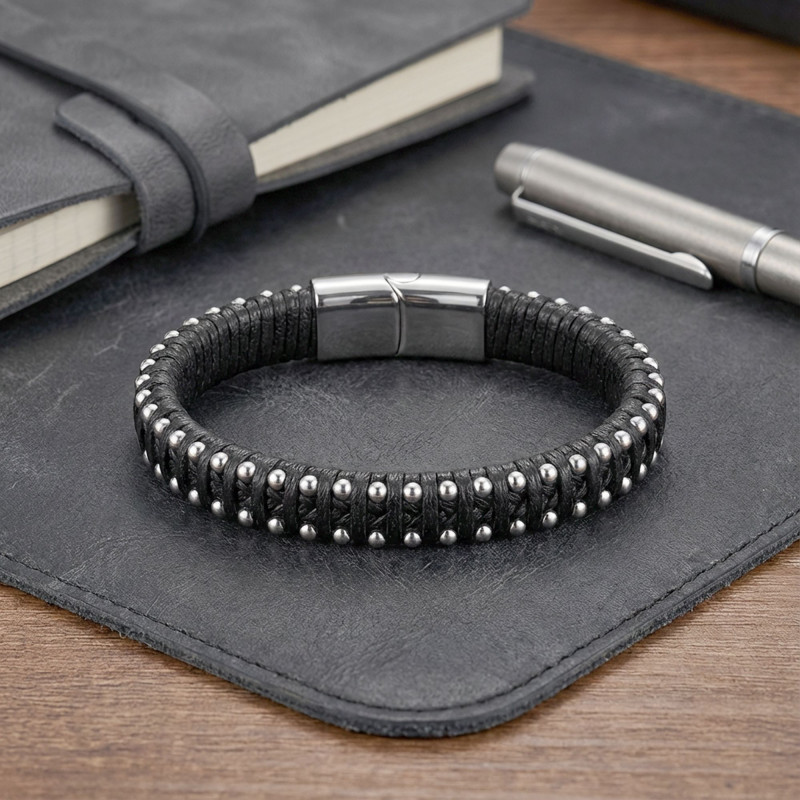 Siyah Deri Ve Damla Çelik Zincirli Bileklik