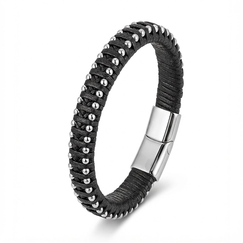 Siyah Deri Ve Damla Çelik Zincirli Bileklik