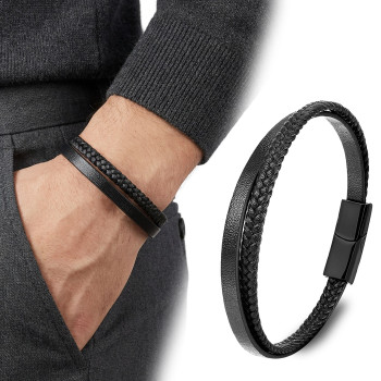 Siyah Deri Ve Saç Örgü İkili Çoklu Çelik Bileklik