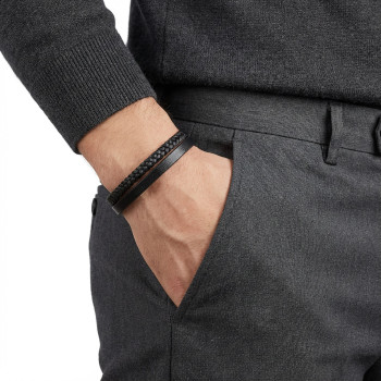 Siyah Deri Ve Saç Örgü İkili Çoklu Çelik Bileklik Siyah Deri Ve Saç Örgü İkili Çoklu Çelik Bileklik