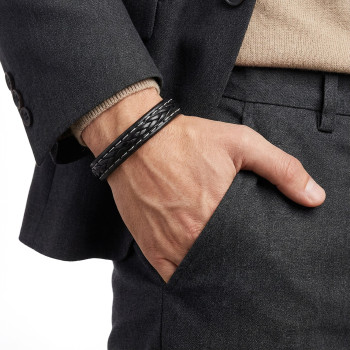 Siyah Saç Örgülü Deri Bileklik Zamak Kilit