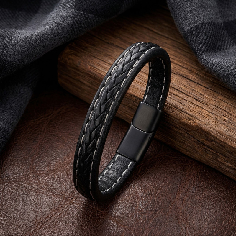 Siyah Saç Örgülü Deri Bileklik Zamak Kilit