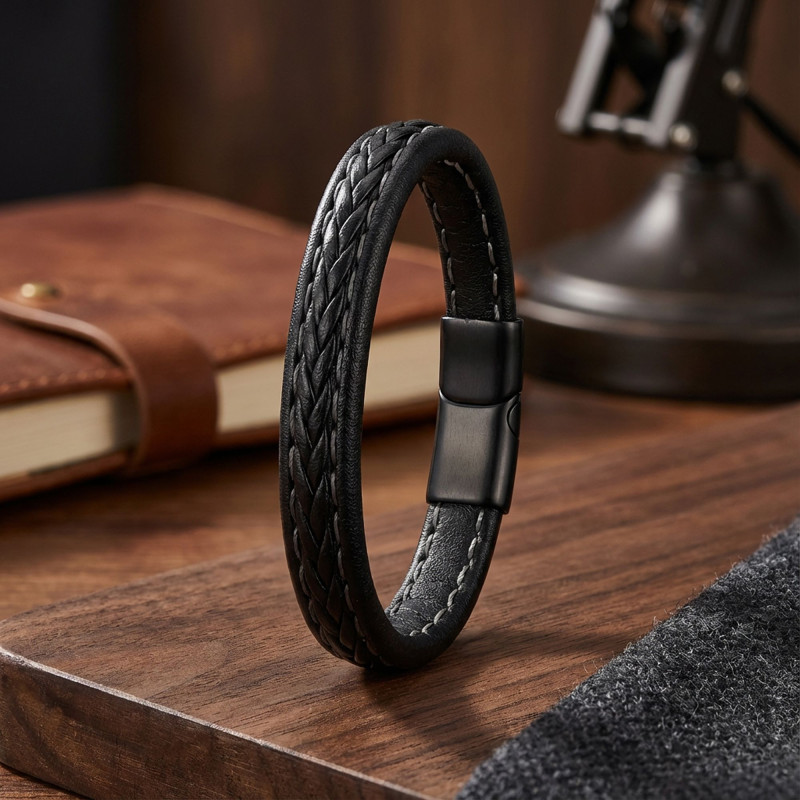 Siyah Saç Örgülü Deri Bileklik Zamak Kilit