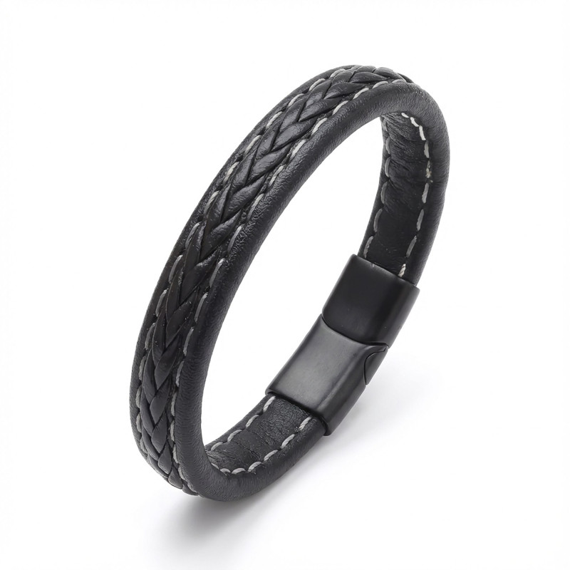 Siyah Saç Örgülü Deri Bileklik Zamak Kilit
