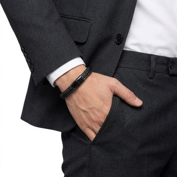 Siyah & Siyah Saç Örgülü Deri Ve Titanyum Kilit Çelik Bileklik Siyah & Siyah Saç Örgülü Deri Ve Titanyum Kilit Çelik Bileklik