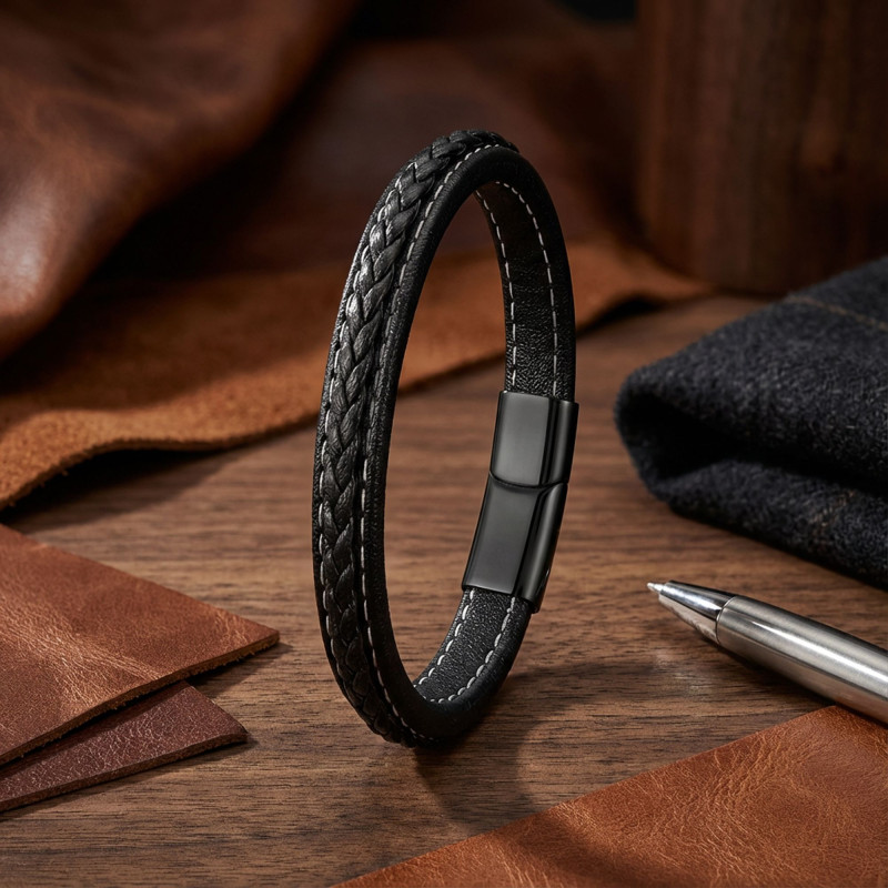 Siyah & Siyah Saç Örgülü Deri Ve Titanyum Kilit Çelik Bileklik