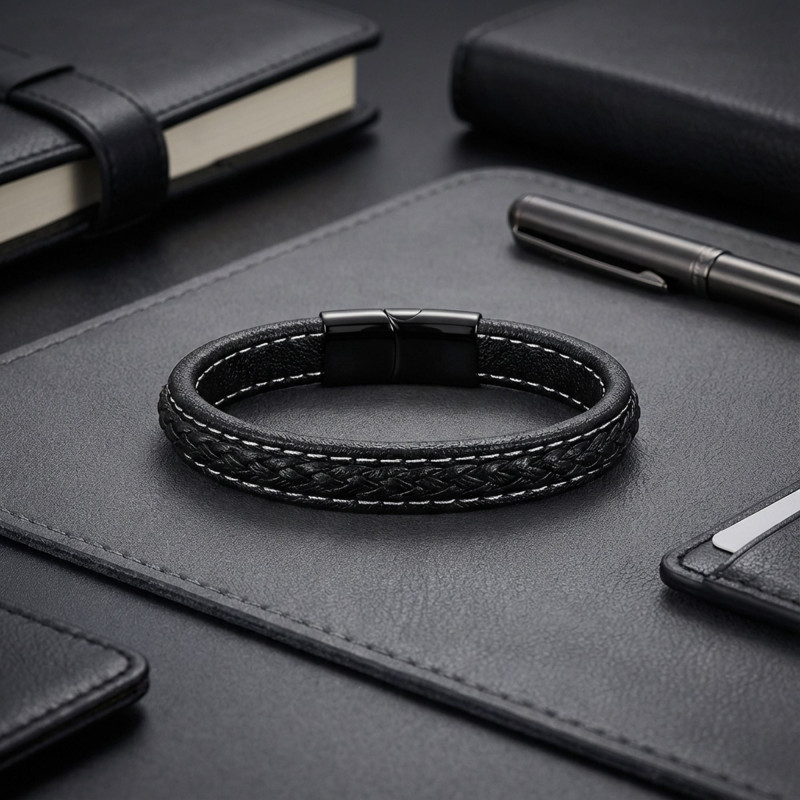 Siyah & Siyah Saç Örgülü Deri Ve Titanyum Kilit Çelik Bileklik