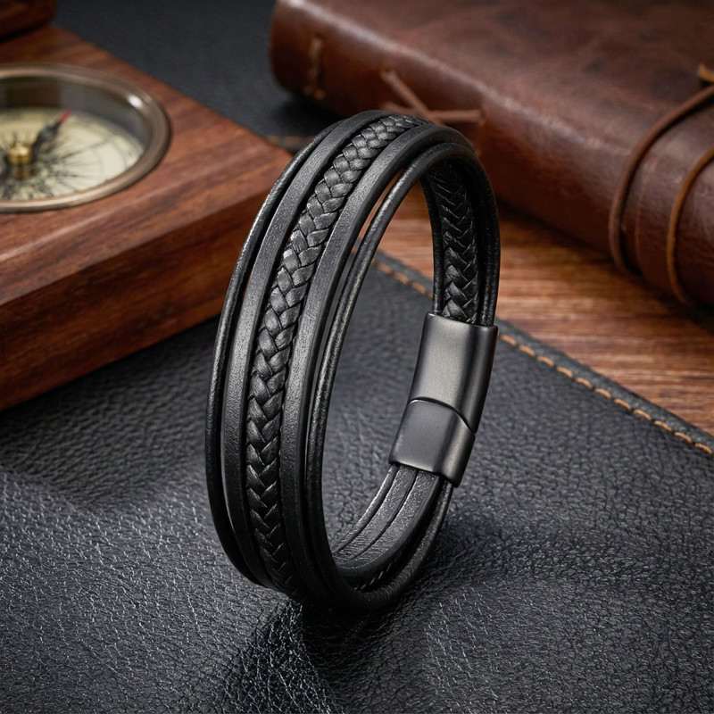 Siyah Tüp Örgü Ve Çoklu Deri Bileklik - Zamak Kilit