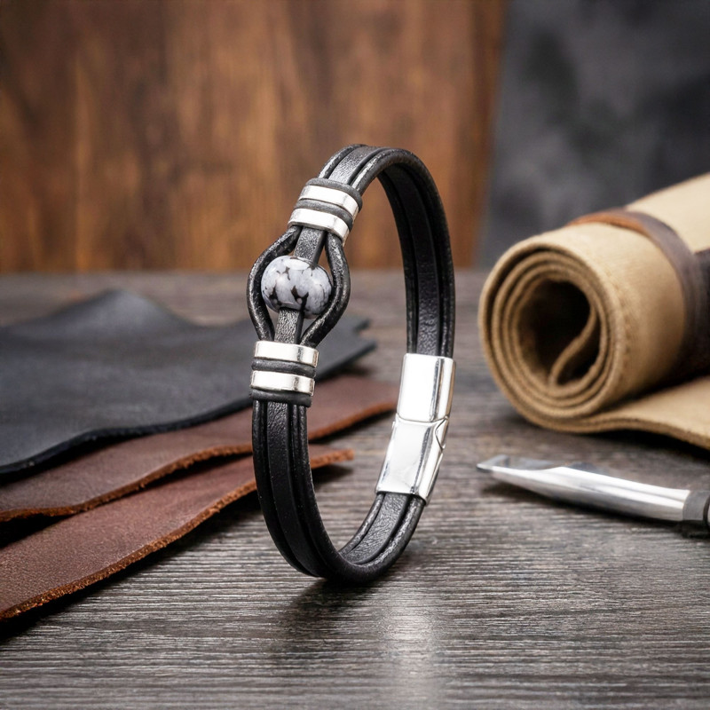 Snowy Obsidian Rondela Doğaltaş Ve Deri Çelik Bileklik