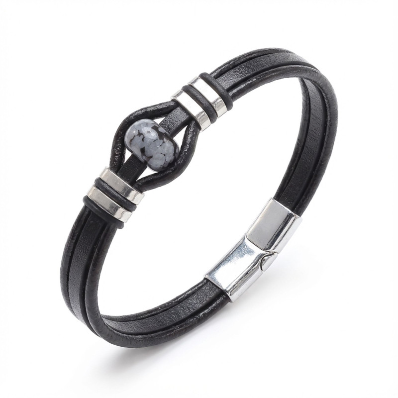 Snowy Obsidian Rondela Doğaltaş Ve Deri Çelik Bileklik