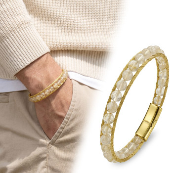 Titanyum Kilitli Sitrin Doğaltaş ve 316L Çelik Halat Örme Erkek Bileklik