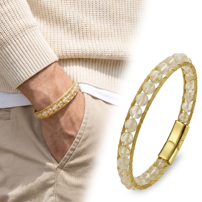 Titanyum Kilitli Sitrin Doğaltaş ve 316L Çelik Halat Örme Erkek Bileklik Titanyum Kilitli Sitrin Doğaltaş ve 316L Çelik Halat Örme Erkek Bileklik