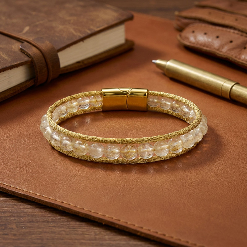 Titanyum Kilitli Sitrin Doğaltaş ve 316L Çelik Halat Örme Erkek Bileklik Titanyum Kilitli Sitrin Doğaltaş ve 316L Çelik Halat Örme Erkek Bileklik