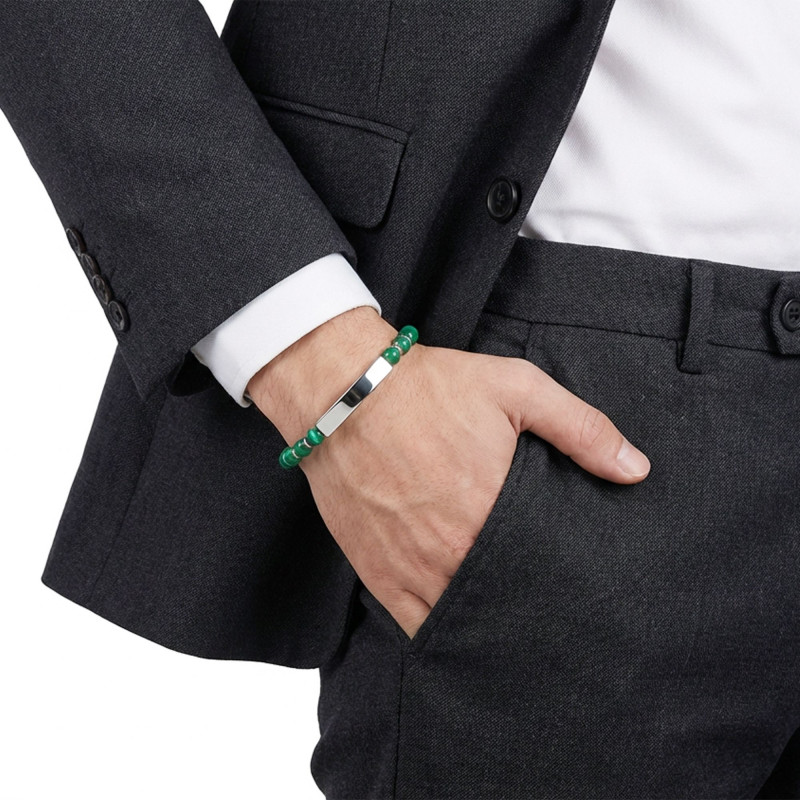 Yeşil Akik Beyaz İsim Yazılabilir Ve Ayarlanabilir Çelik Zincir Bileklik