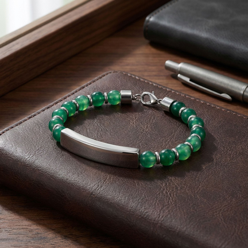 Yeşil Akik Beyaz İsim Yazılabilir Ve Ayarlanabilir Çelik Zincir Bileklik