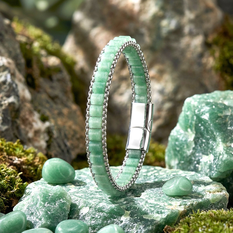 Yeşil Aventurin Doğal Taşlı Hasır Örgü Zincirli Erkek Çelik Bileklik