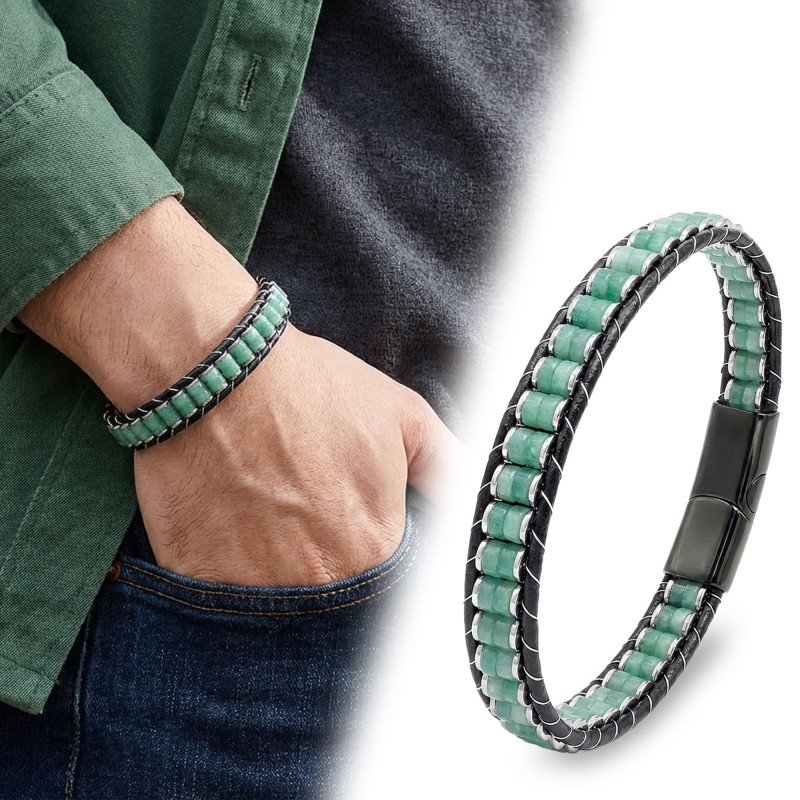 Yeşil Aventurin & Hematit Çelik Örgülü Deri Bileklik Yeşil Aventurin & Hematit Çelik Örgülü Deri Bileklik