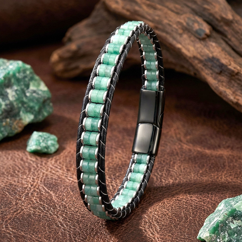 Yeşil Aventurin & Hematit Çelik Örgülü Deri Bileklik Yeşil Aventurin & Hematit Çelik Örgülü Deri Bileklik