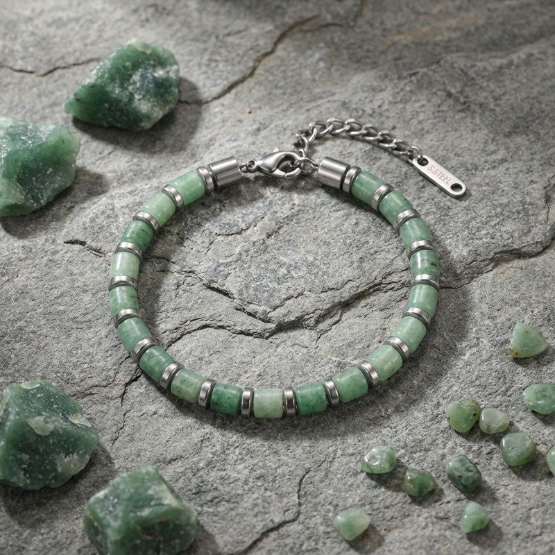 Yeşil Aventurin & Silver Hematit Taşlı Ayarlanabilir Çelik Zincir Erkek Bileklik