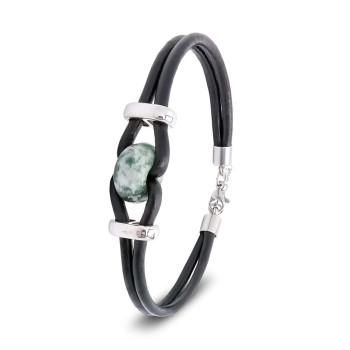 Yeşil Jasper Doğal Taşlı Deri Ve Çelik Bileklik