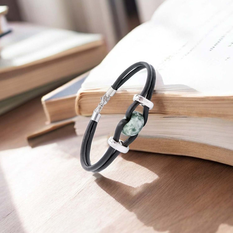 Yeşil Jasper Doğal Taşlı Deri Ve Çelik Bileklik
