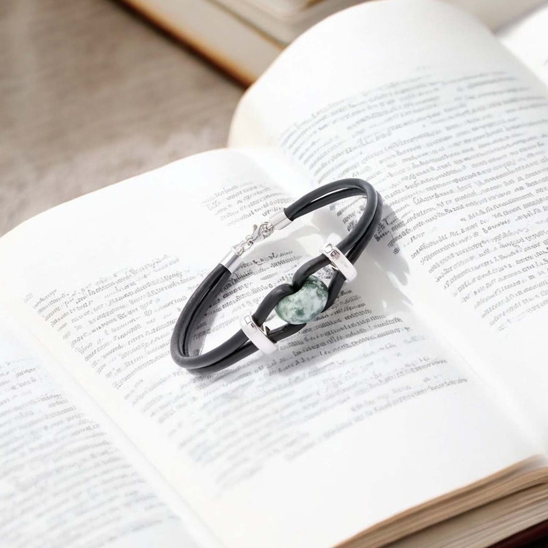 Yeşil Jasper Doğal Taşlı Deri Ve Çelik Bileklik