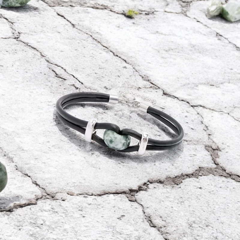 Yeşil Jasper Doğal Taşlı Deri Ve Çelik Bileklik